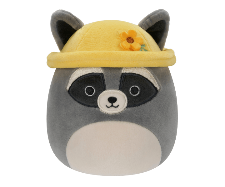 Squishmallows 13 cm - Rocky, a fekete-szürke mosómedve sárga kalapban