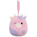 Squishmallows kulcstartós plüssfigura 9 cm - Patty a kacsintó, rózsaszín és lila tehén szivecskékkel