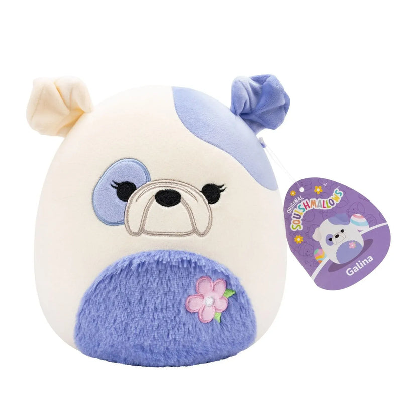 Squishmallows 20 cm - Galina a Periwinkle gyöngyvirágkék és krémszínű bulldog szőrös hassal és virággal