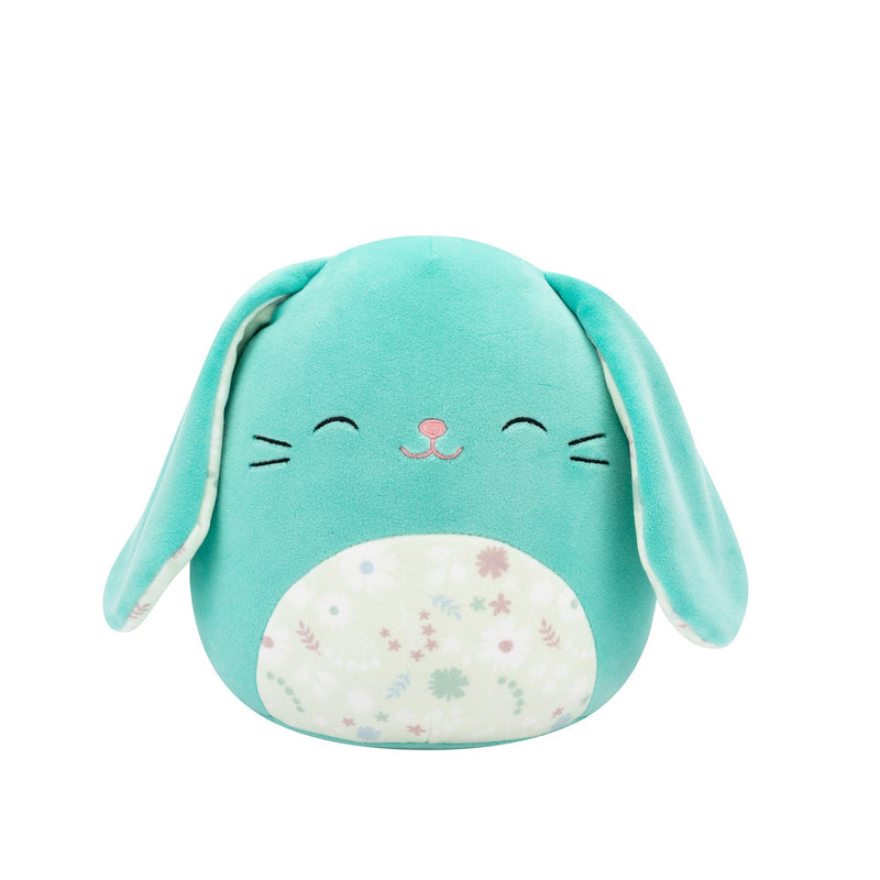 Squishmallows 20 cm - Regan a türkiz nyuszi csukott szemekkel és virágos hassal