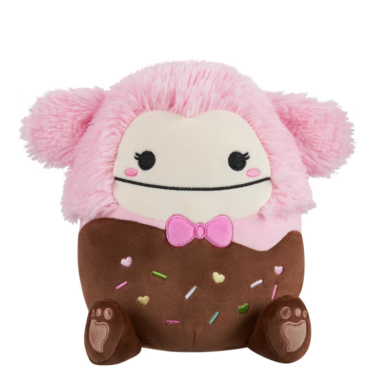 Squishmallows (Valentin nap) 20 cm - Brina a csokiba mártott rózsaszín nagylábú, rózsaszín csokornyakkendővel