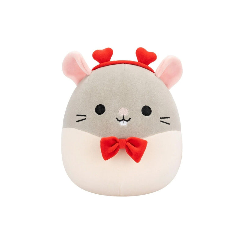 Squishmallows (Valentin nap) 20 cm - Rusty a szürke patkány csomornyakkendővel, és szivecskés fejpánttal