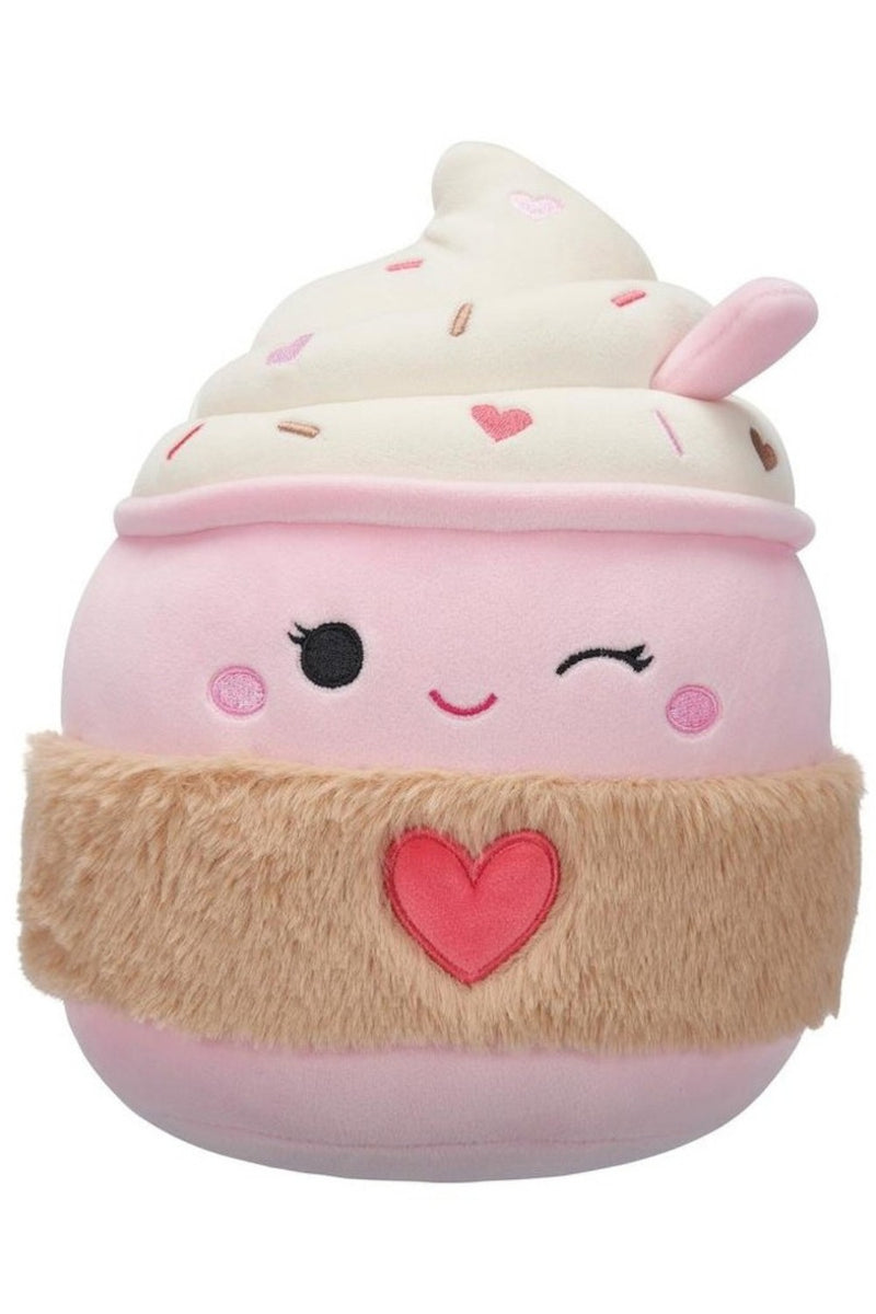 Squishmallows (Valentin nap) 20 cm - Jenny a kacsintó, világosrózsaszín latte, sőrös szivecskés tokkal
