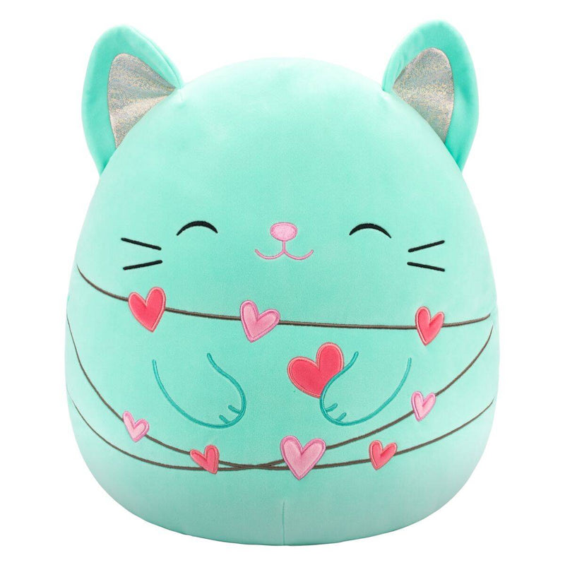 Squishmallows (Valentin nap) 40 cm - Charisma a mentaszínű macska csukott szemekkel és szivecskés égősorral