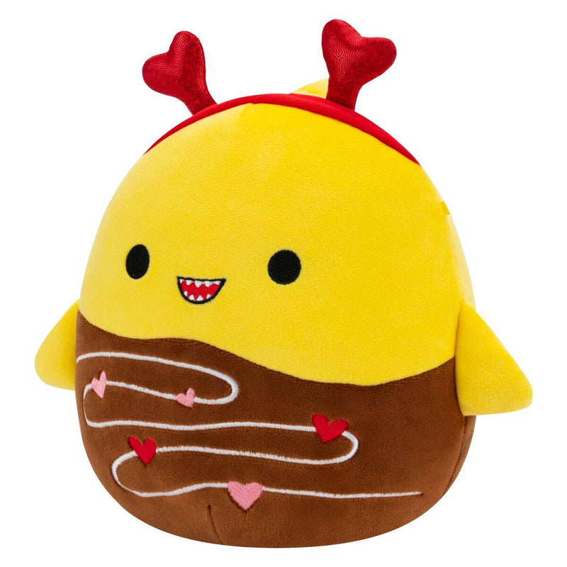Squishmallows (Valentin nap) 20 cm - Chandler a csokiba mártott sárga cápa szivecskés fejpánttal