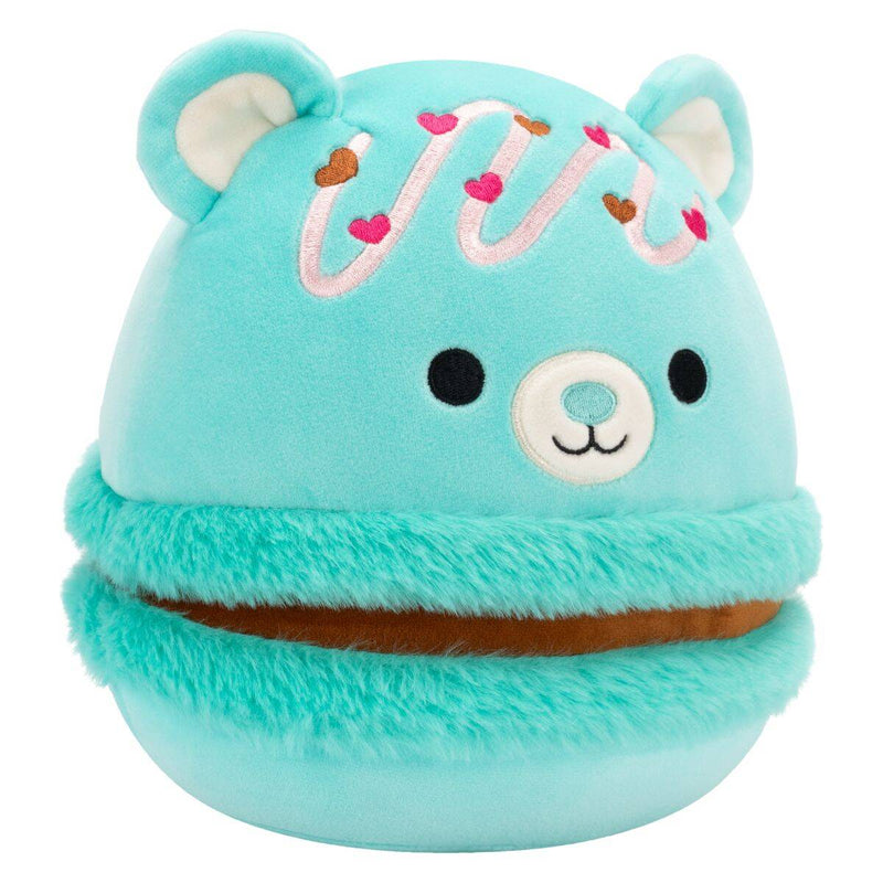 Squishmallows (Valentin nap) 20 cm - Belinda a türkiz macaronmaci, csokis töltelékkel és rózsaszín szórással